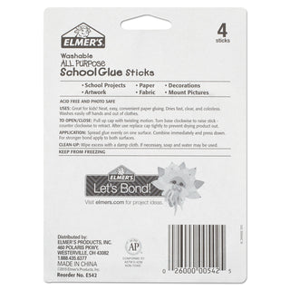 Washable School Glue Sticks, 0.24 oz, Applies and Dries Clear, 4/Pack - 