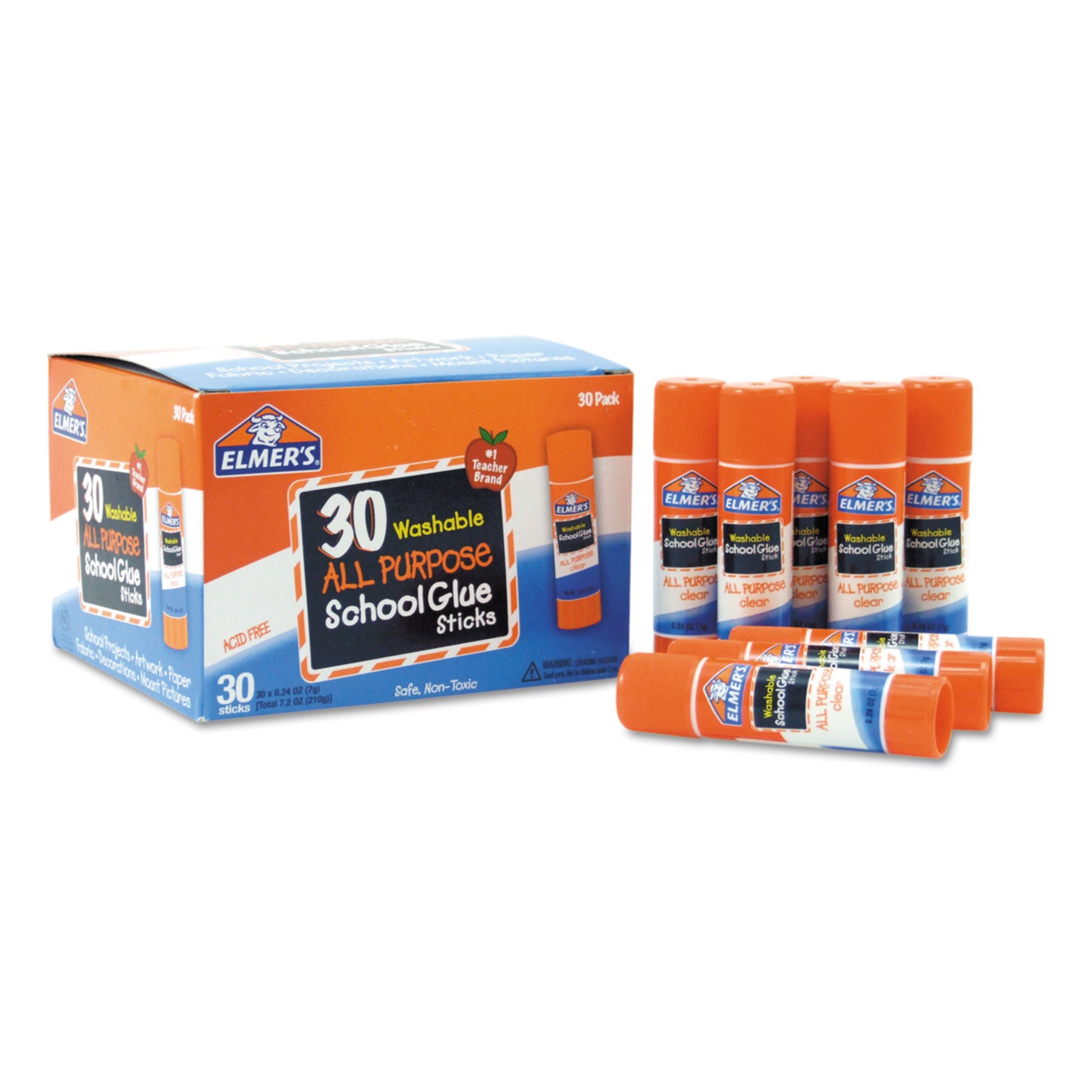 Washable School Glue Sticks, 0.24 oz, Applies and Dries Clear, 30/Box - 