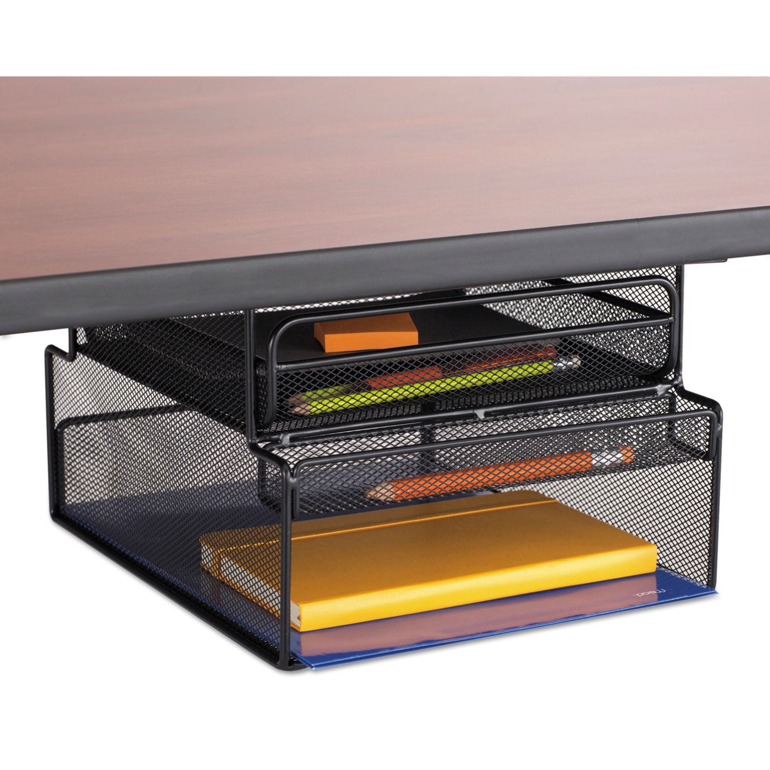 onyx-hanging-organizer-with-drawer-under-desk-mount-3-compartments-steel-mesh-1233-x-10-x-725-black_saf3244bl - 1