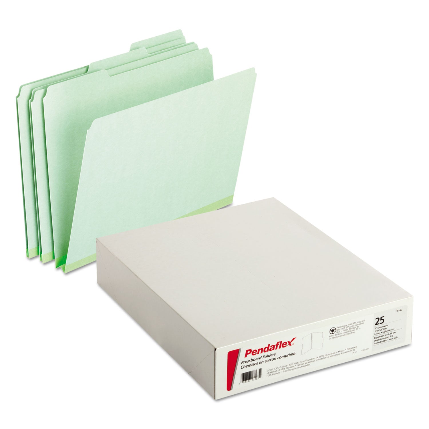 Pressboard Expanding File Folders, 1/3-Cut Tabs: Assorted, Letter Size, 1" Expansion, Green, 25/Box - 