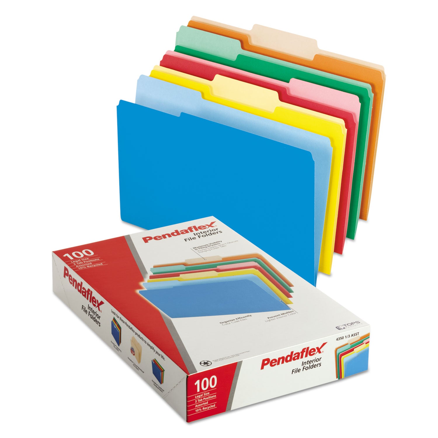 Interior File Folders, 1/3-Cut Tabs: Assorted, Legal Size, Assorted Colors, 100/Box - 