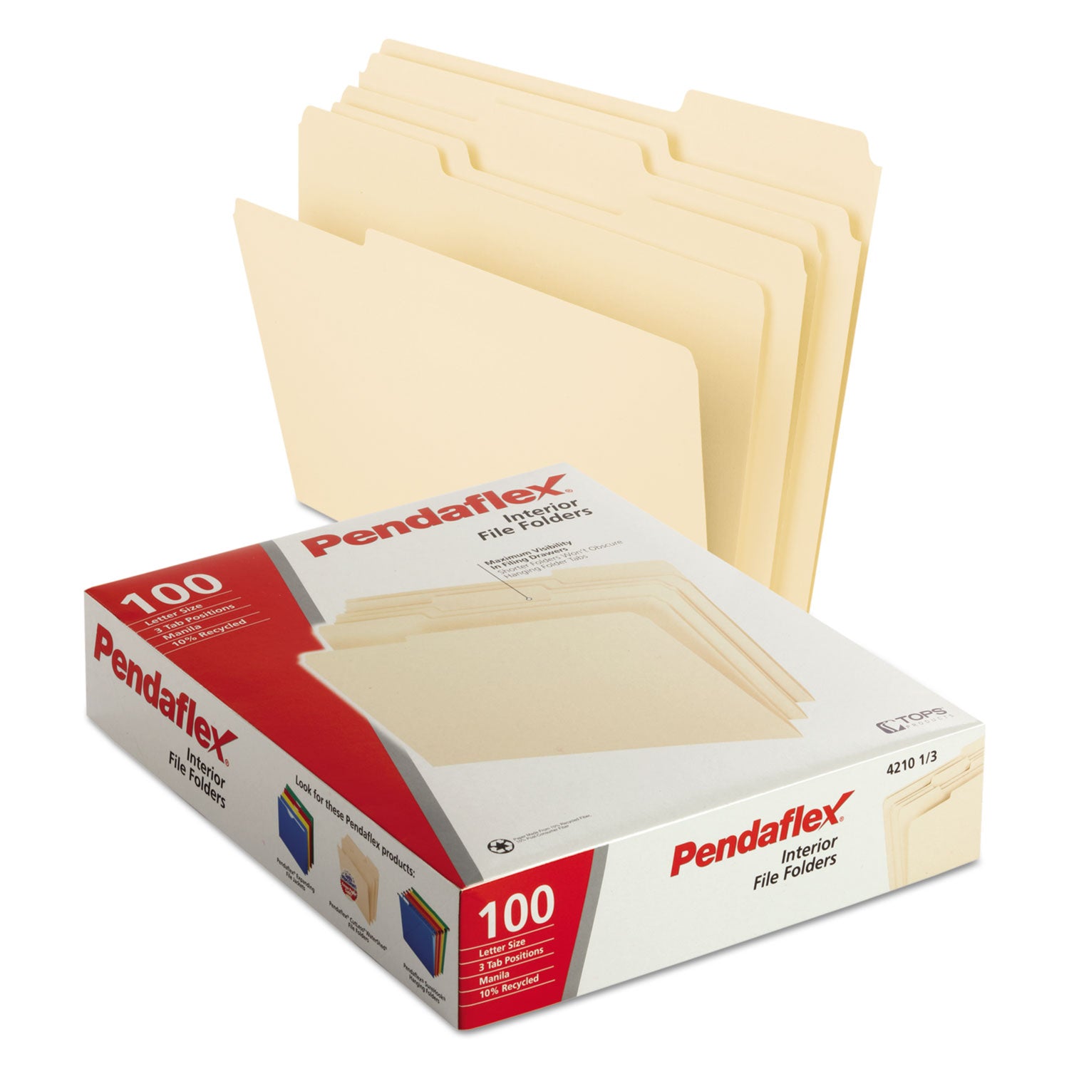Interior File Folders, 1/3-Cut Tabs: Assorted, Letter Size, Manila, 100/Box - 