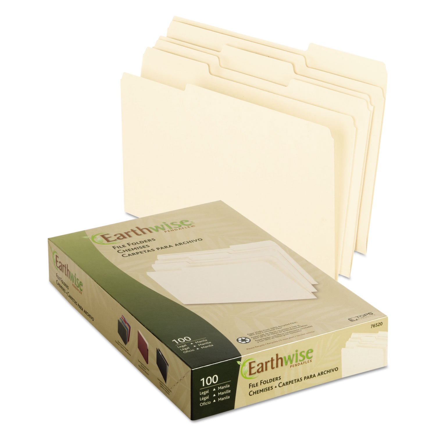 Earthwise by Pendaflex 100% Recycled Manila File Folder, 1/3-Cut Tabs: Assorted, Legal Size, 0.75" Expansion, Manila, 100/Box - 