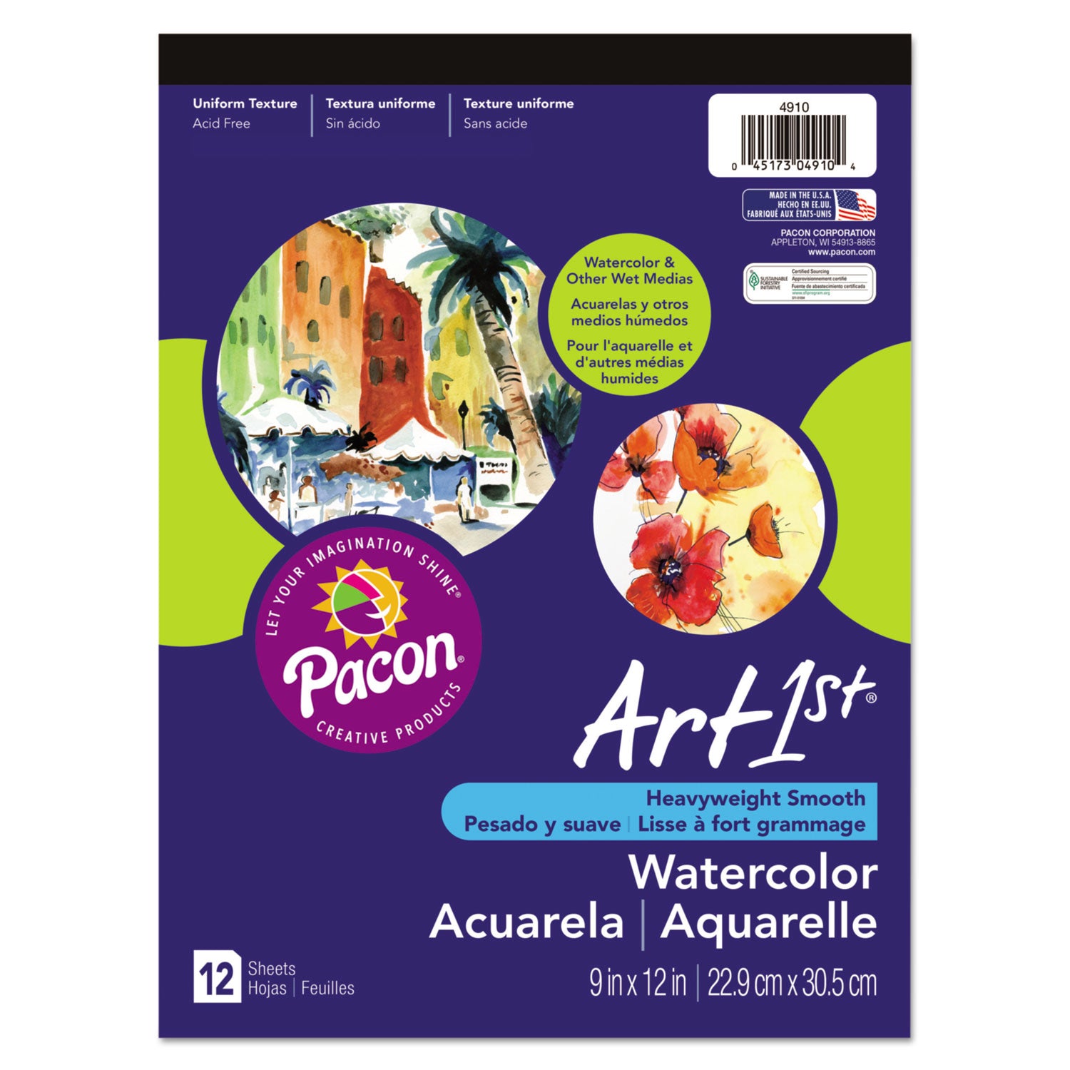 Artist Watercolor Paper Pad, Unruled, Yellow Cover, 12 White 9 x 12 Sheets - 