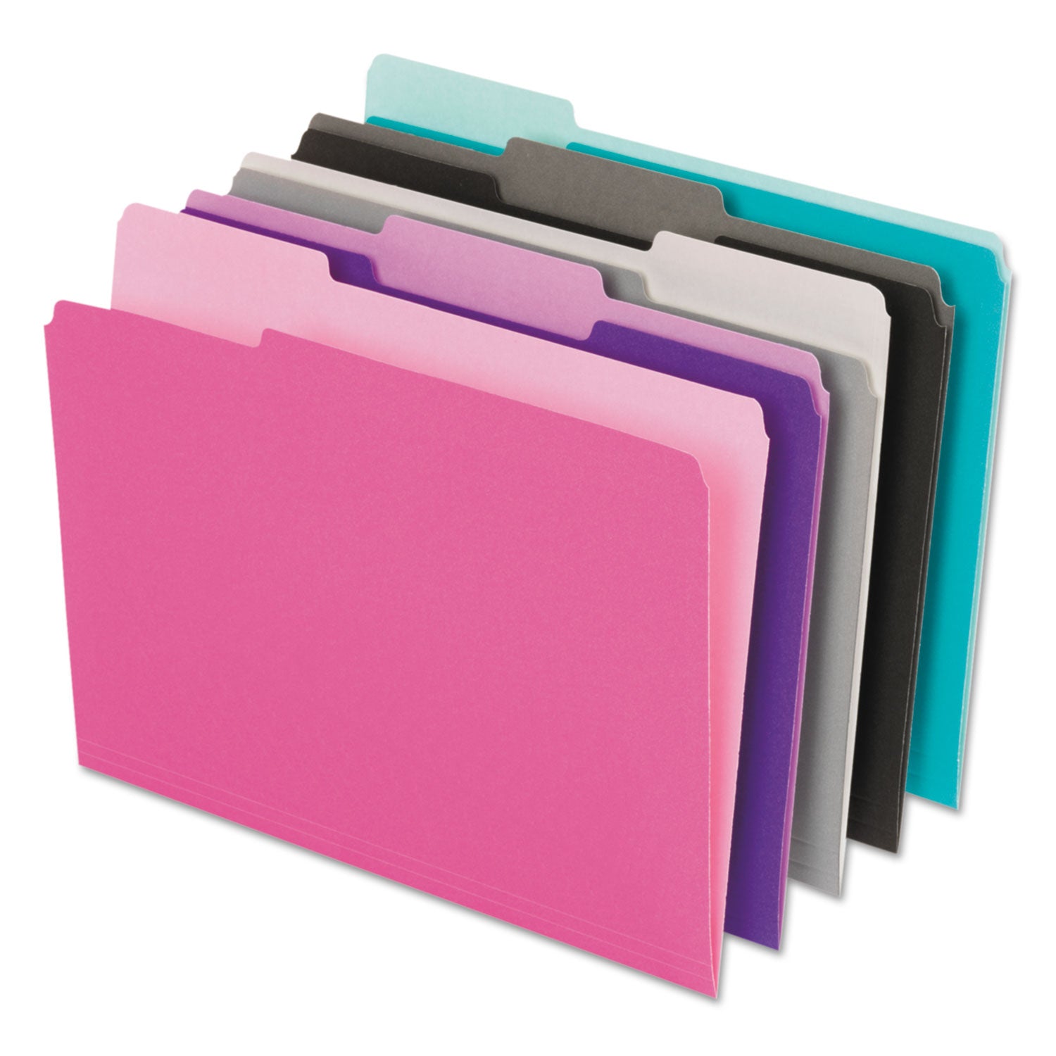 Interior File Folders, 1/3-Cut Tabs: Assorted, Letter Size, Assorted Colors: Aqua/Black/Gray/Pink/Violet, 100/Box - 