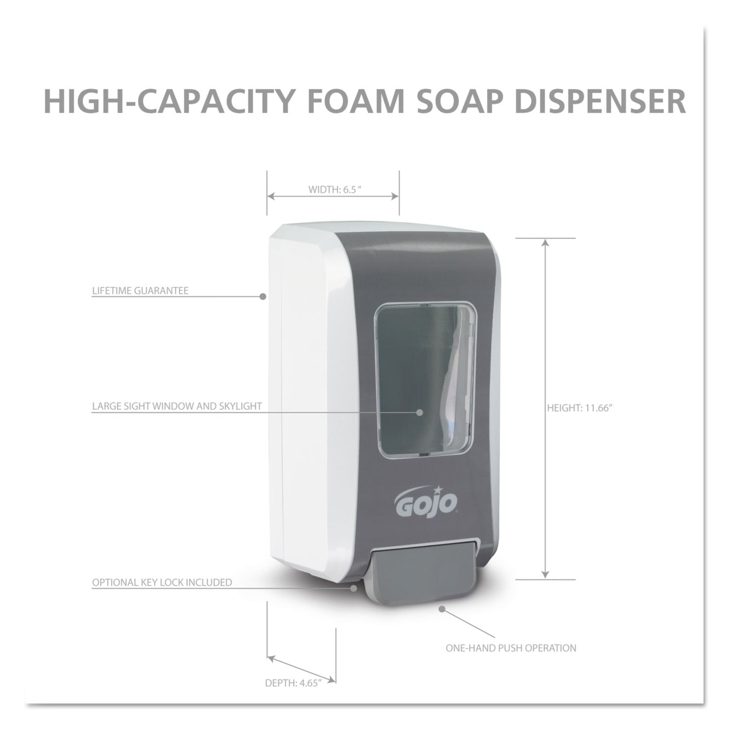 Gojo Push-Style FMX-20 Foam Soap Dispenser - 2.11 quart Capacity - Durable, Rugged, Wall Mountable, Easy-to-load - White, Gray - 5