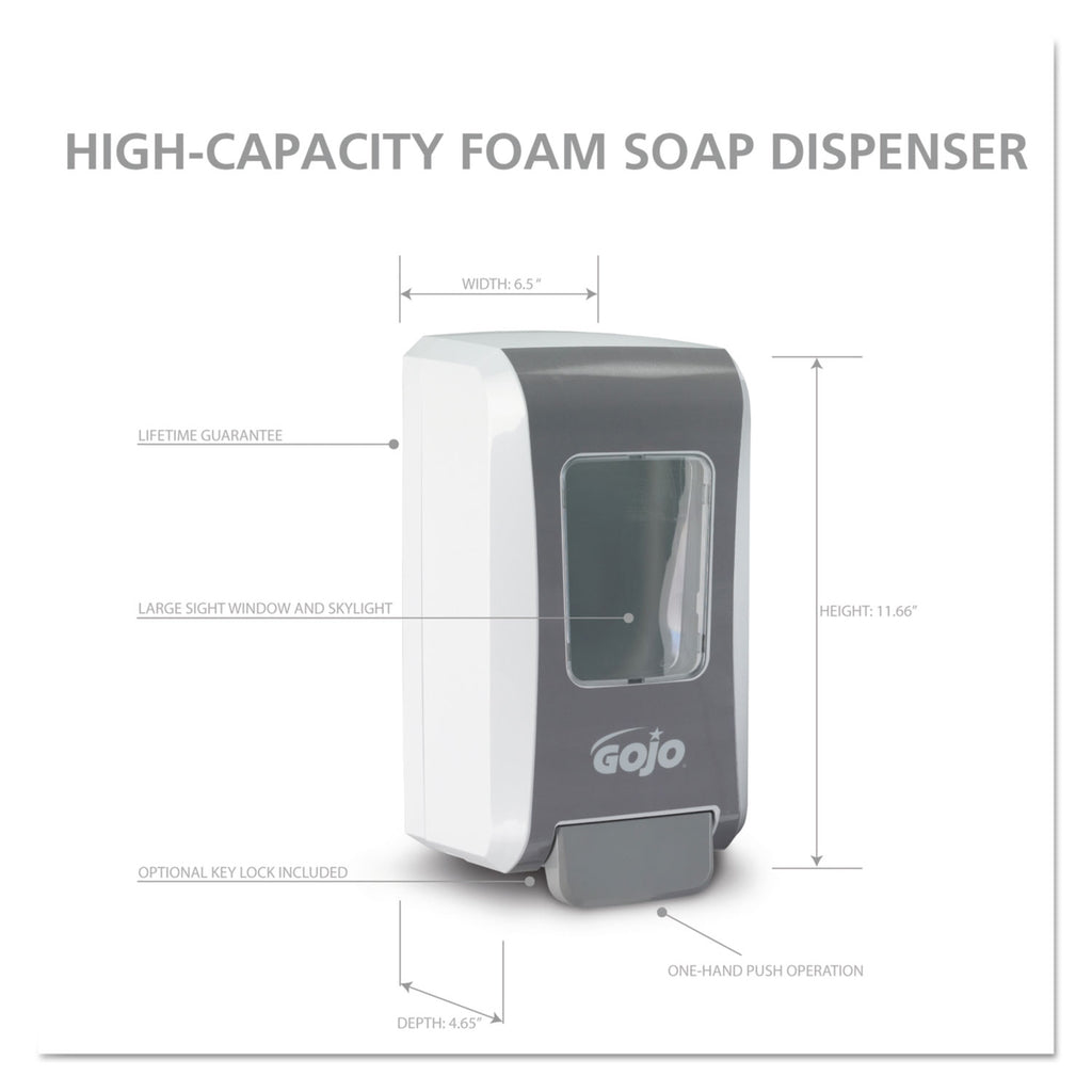 Gojo Push-Style FMX-20 Foam Soap Dispenser - 2.11 quart Capacity - Durable, Rugged, Wall Mountable, Easy-to-load - White, Gray