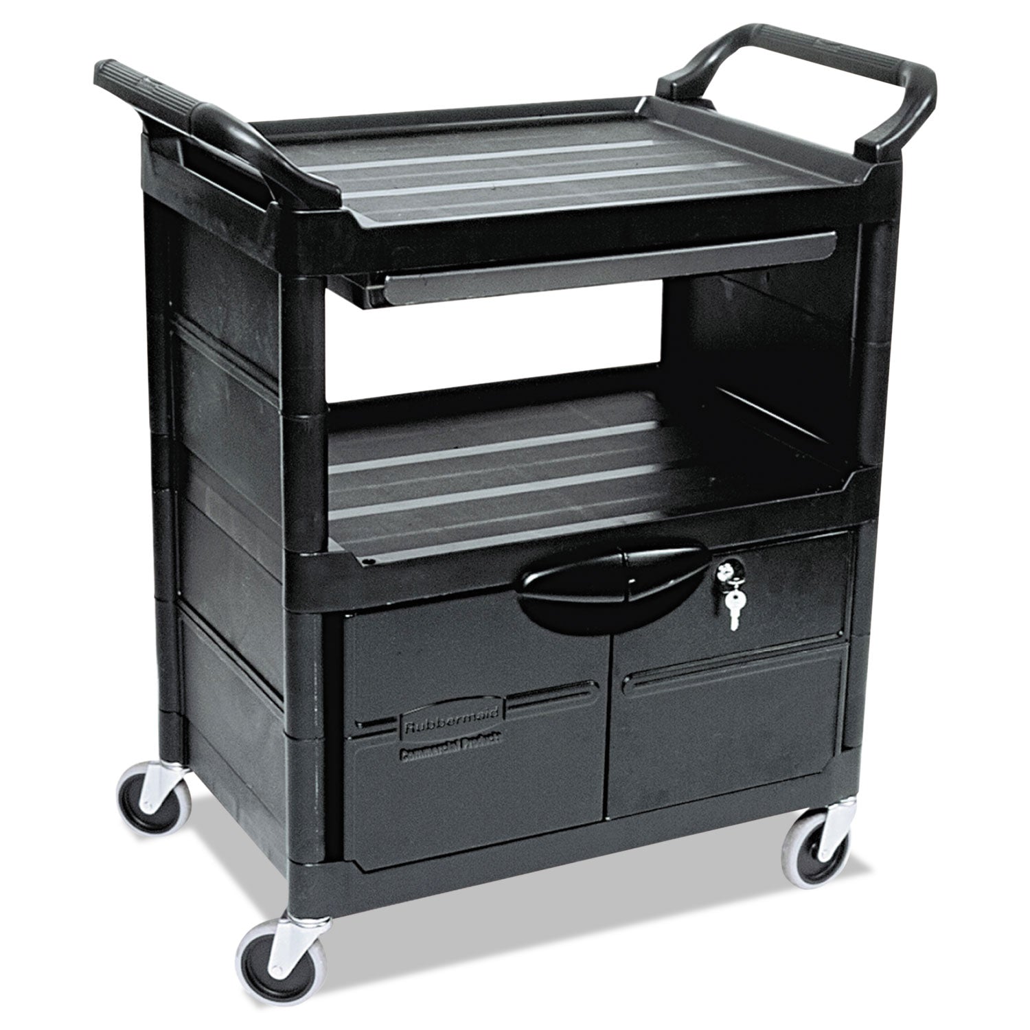 Utility Cart with Locking Doors, Plastic, 3 Shelves, 200 lb Capacity, 33.63" x 18.63" x 37.75", Black - 