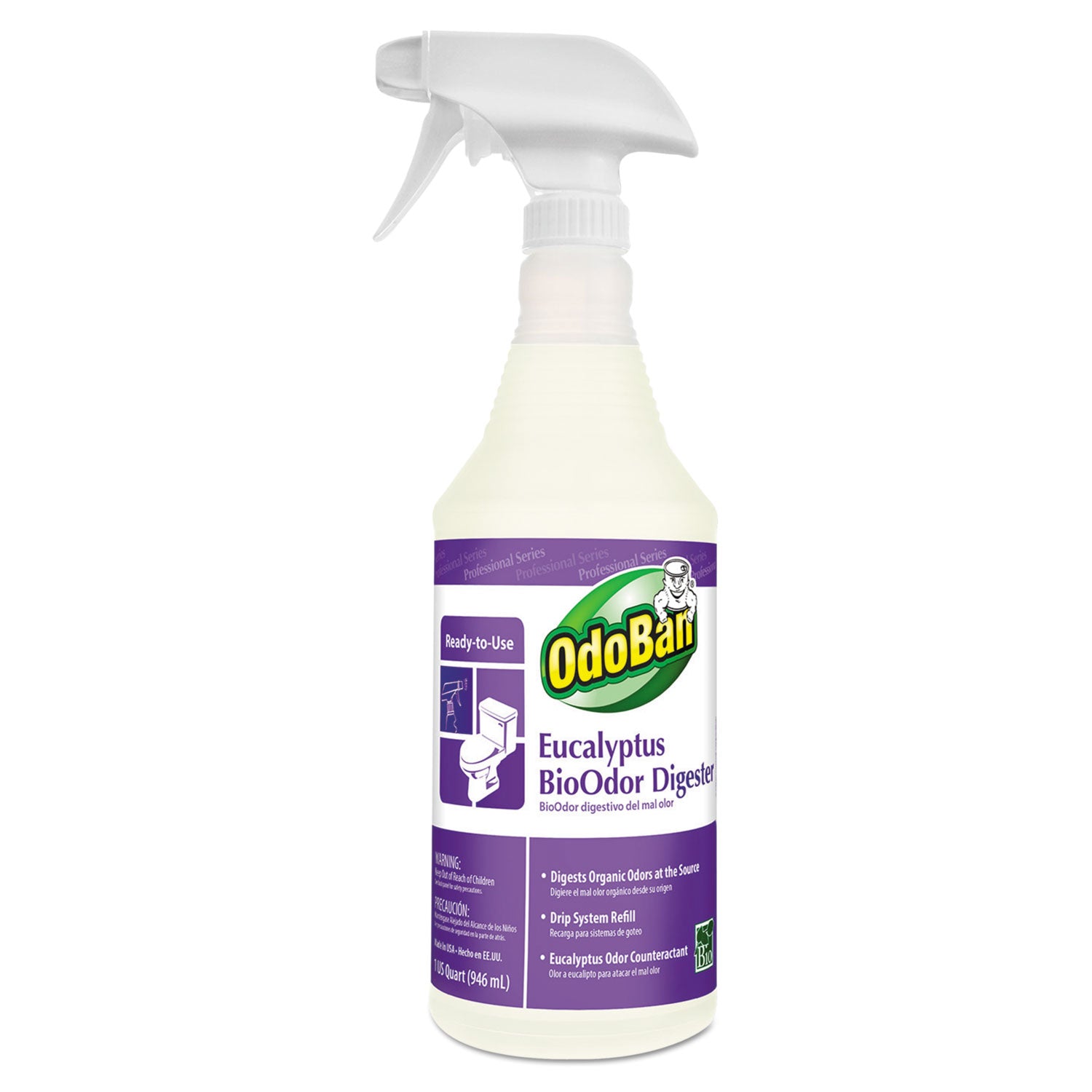 OdoBan Eucalyptus BioOdor Digester Spray - Ready-To-Use - 32 fl oz (1 quart) - Lavender Scent - 12 / Carton - Antibacterial - Purple - 1