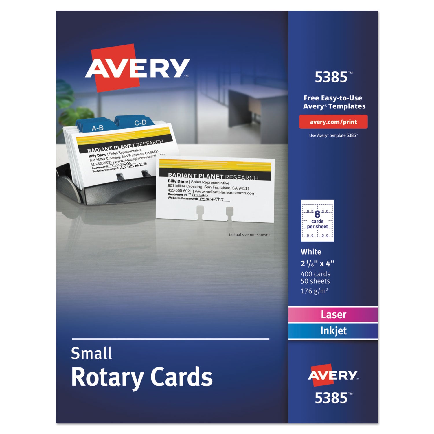 Small Rotary Cards, Laser/Inkjet, 2.17 x 4, White, 8 Cards/Sheet, 400 Cards/Box - 