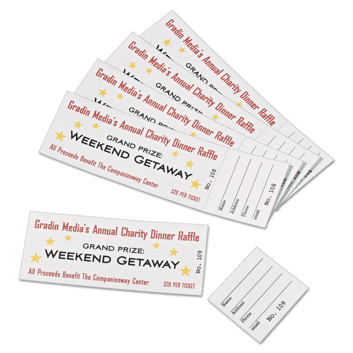 Printable Tickets w/Tear-Away Stubs, 97 Bright, 65 lb Cover Weight, 8.5 x 11, White, 10 Tickets/Sheet, 20 Sheets/Pack - 