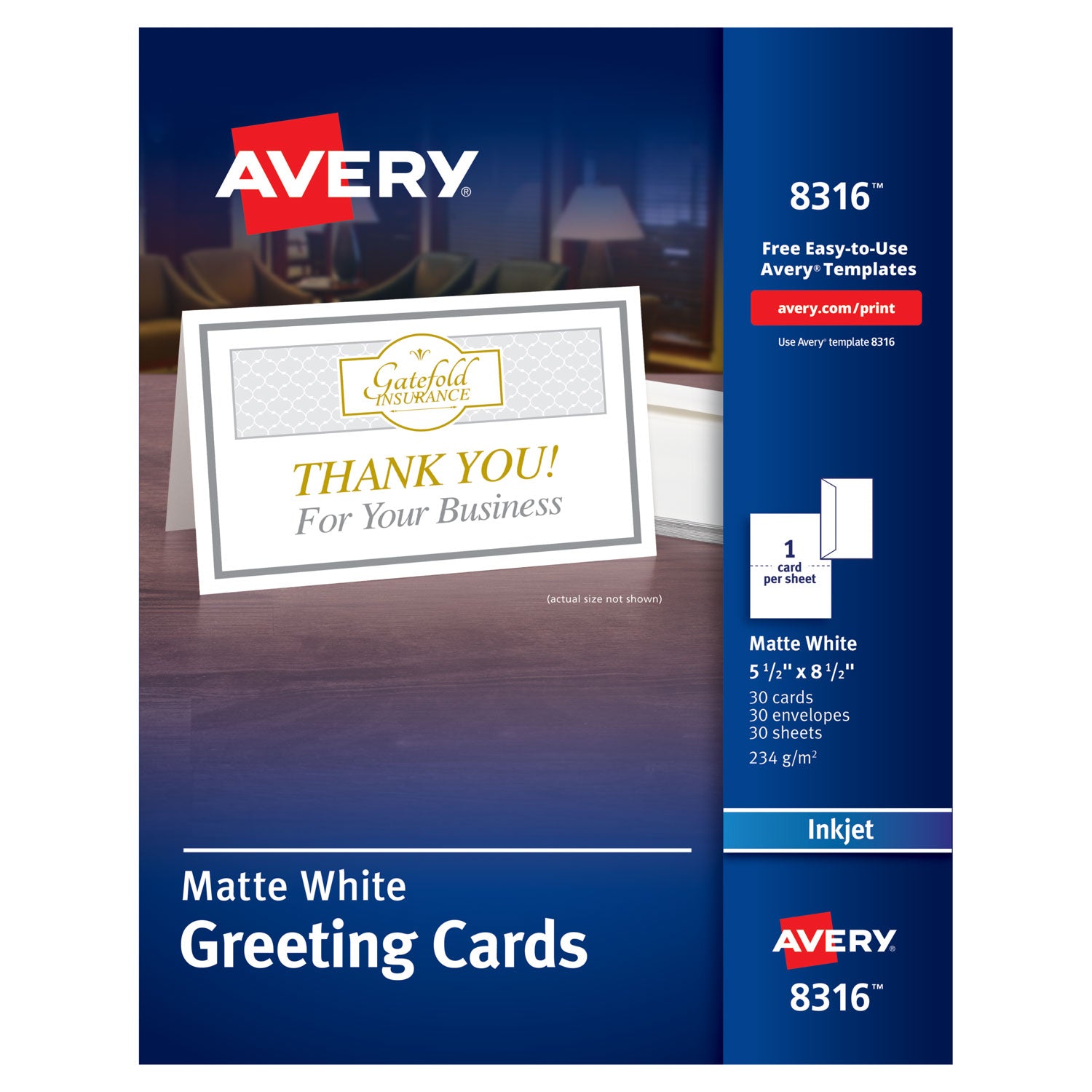 Half-Fold Greeting Cards with Matching Envelopes, Inkjet, 85 lb, 5.5 x 8.5, Matte White, 1 Card/Sheet, 30 Sheets/Box - 