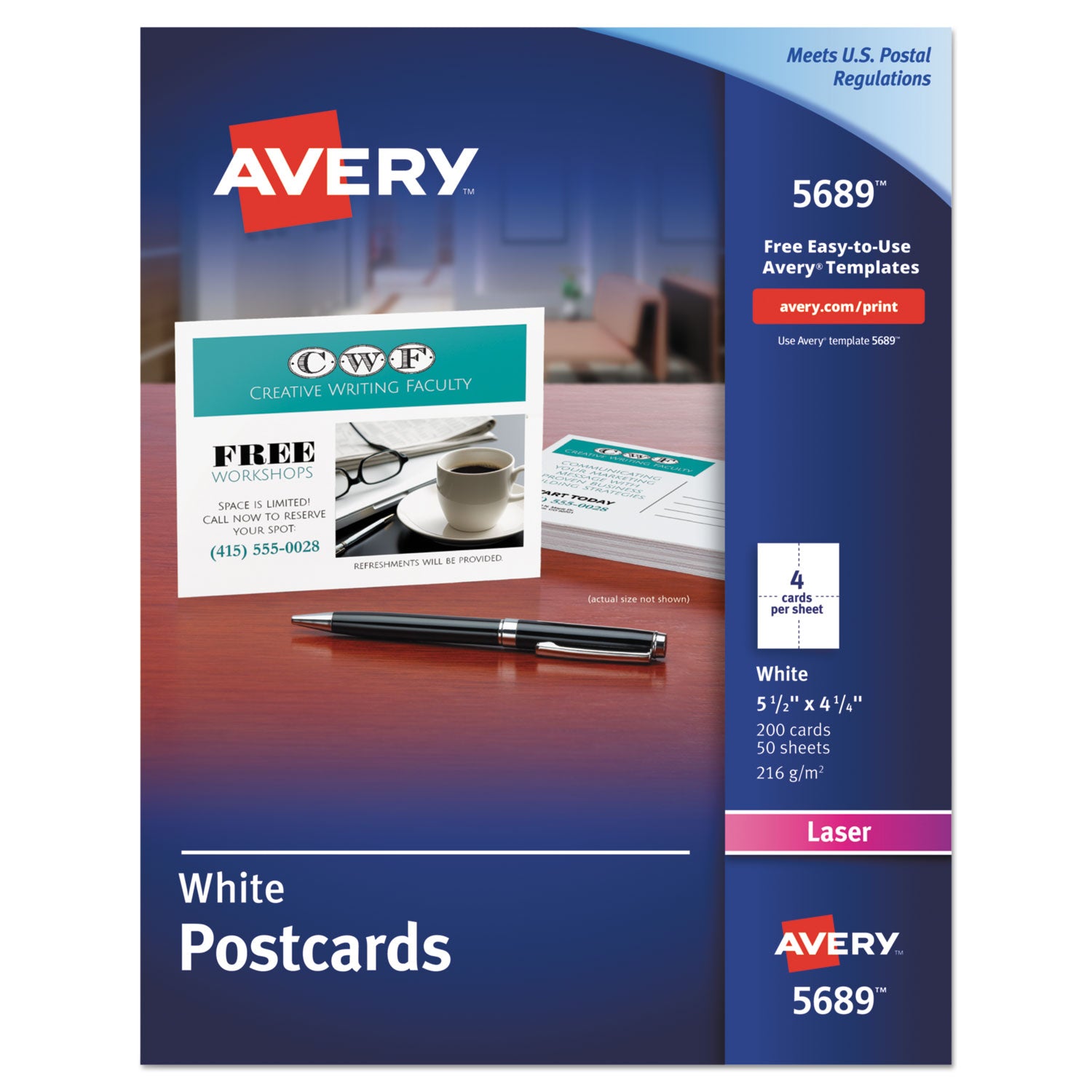 Printable Postcards, Laser, 80 lb, 4.25 x 5.5, Uncoated White, 200 Cards, 4 Cards/Sheet, 50 Sheets/Box - 