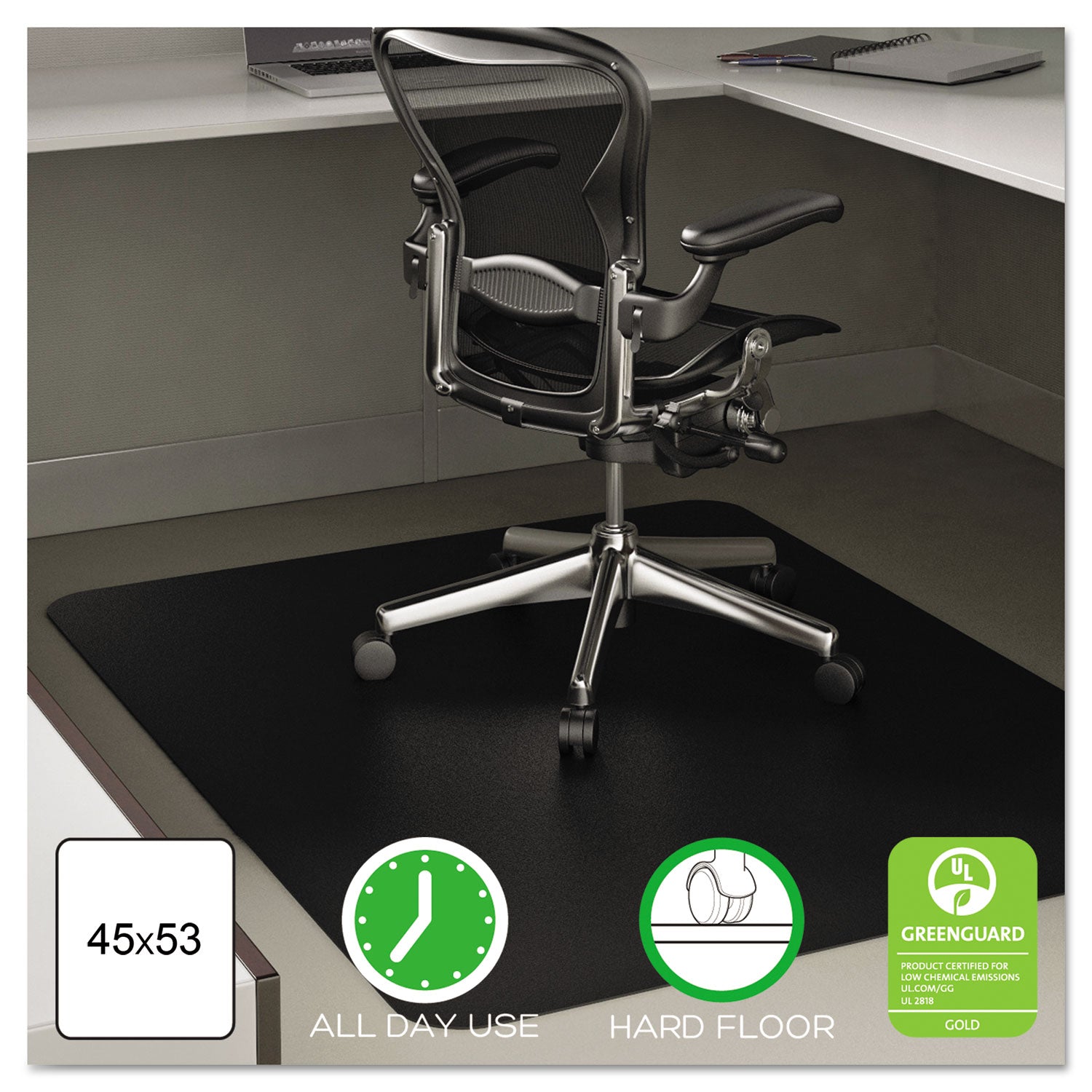 EconoMat All Day Use Chair Mat for Hard Floors, Flat Packed, 45 x 53, Black - 
