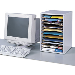 Wood Vertical Desktop Sorter, 11 Compartments, 10.63 x 11.88 x 16, Medium Oak