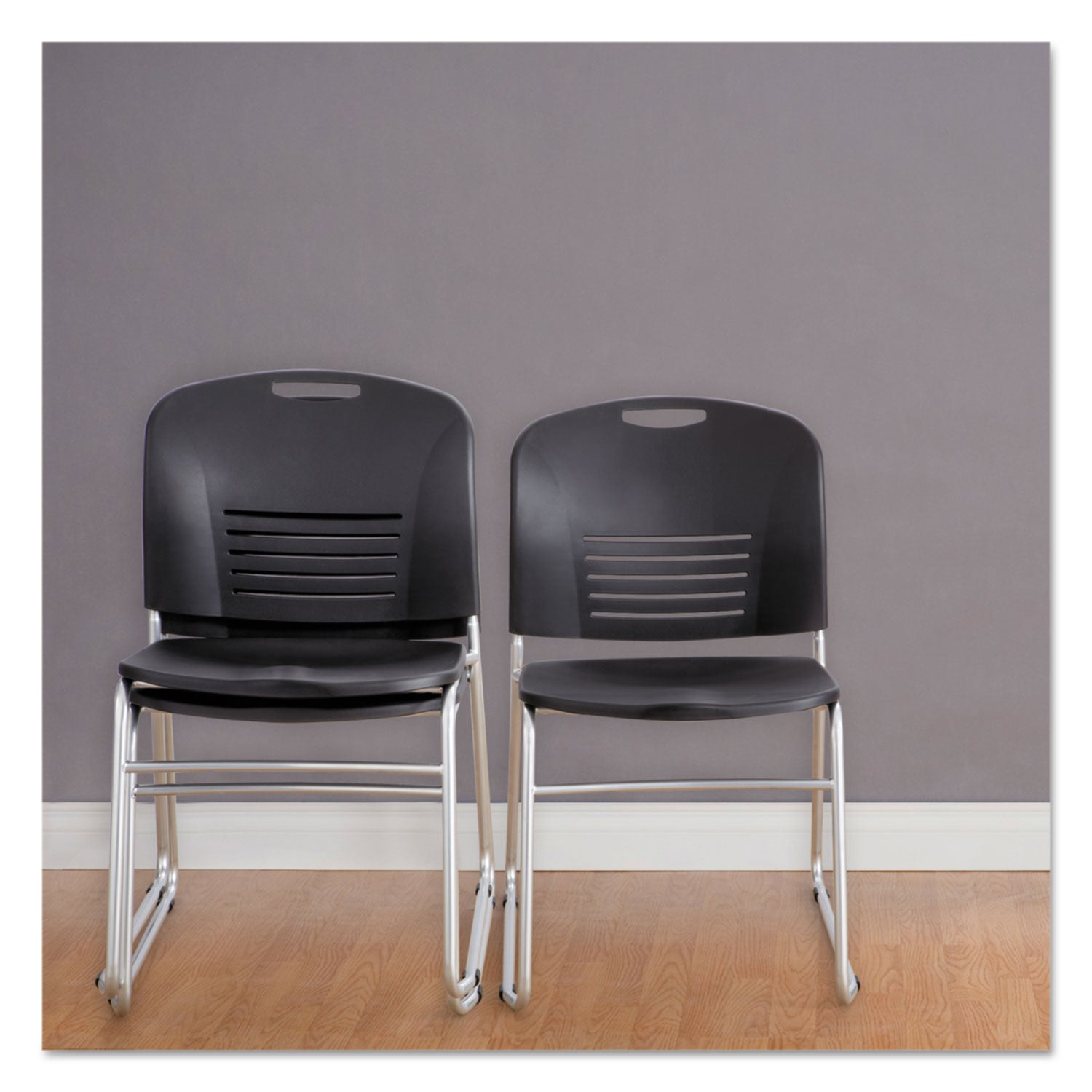 Vy Series Stack Chairs, Supports Up to 350 lb, 18.75" Seat Height, Black Seat, Black Back, Silver Base, 2/Carton - 