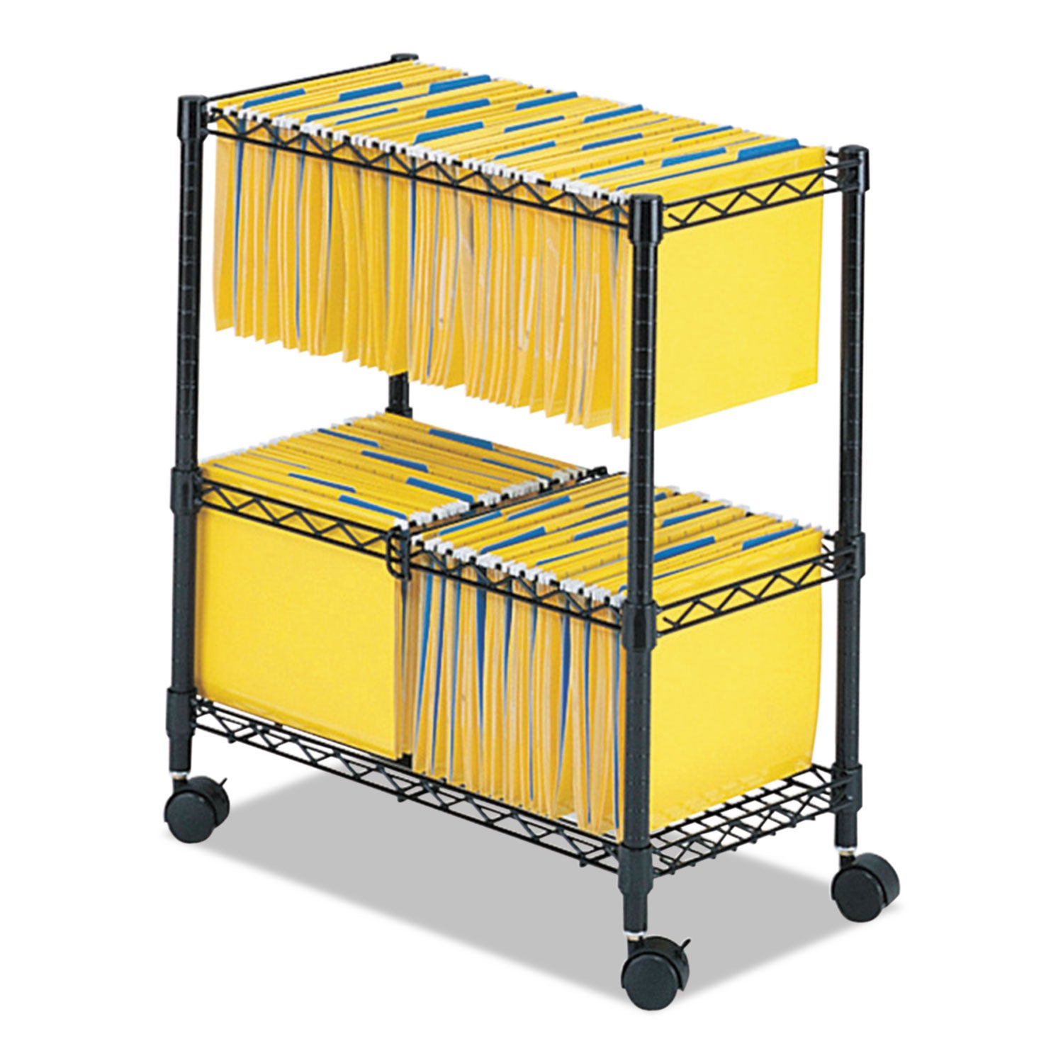 Two-Tier Rolling File Cart, Metal, 3 Bins, 25.75" x 14" x 29.75", Black - 