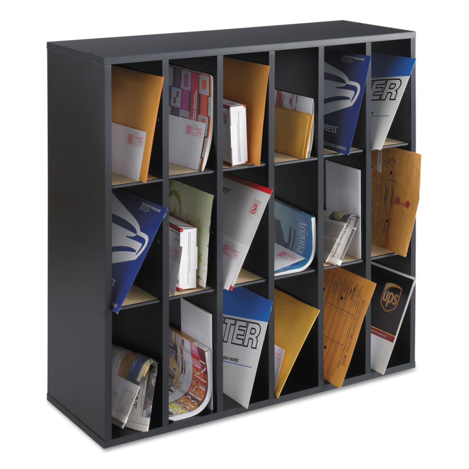 Wood Mail Sorter with Adjustable Dividers, Stackable, 18 Compartments, 33.75 x 12 x 32.75, Black - 
