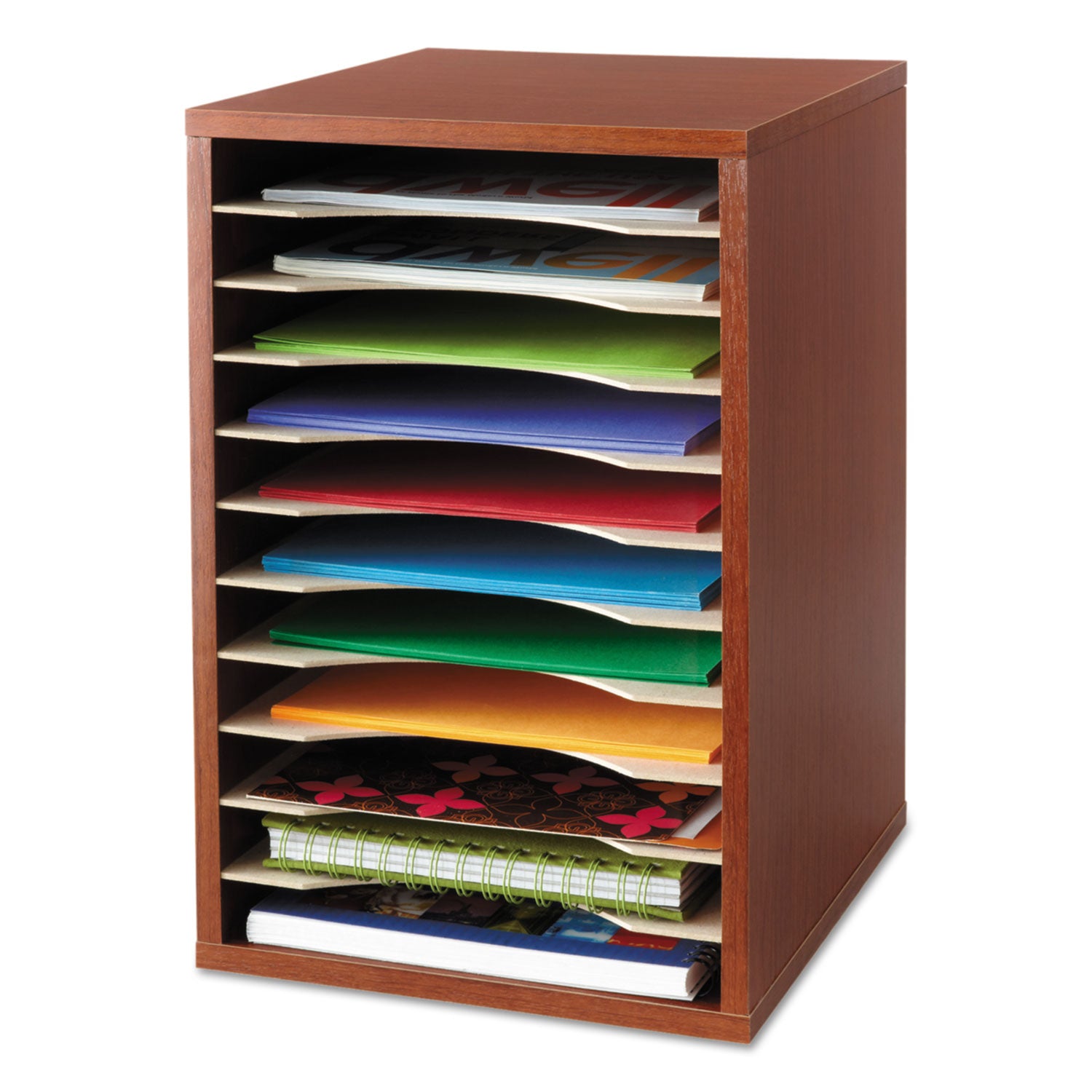 Wood Desktop Literature Sorter, 11 Compartments, 10.63 x 11.88 x 16, Cherry - 