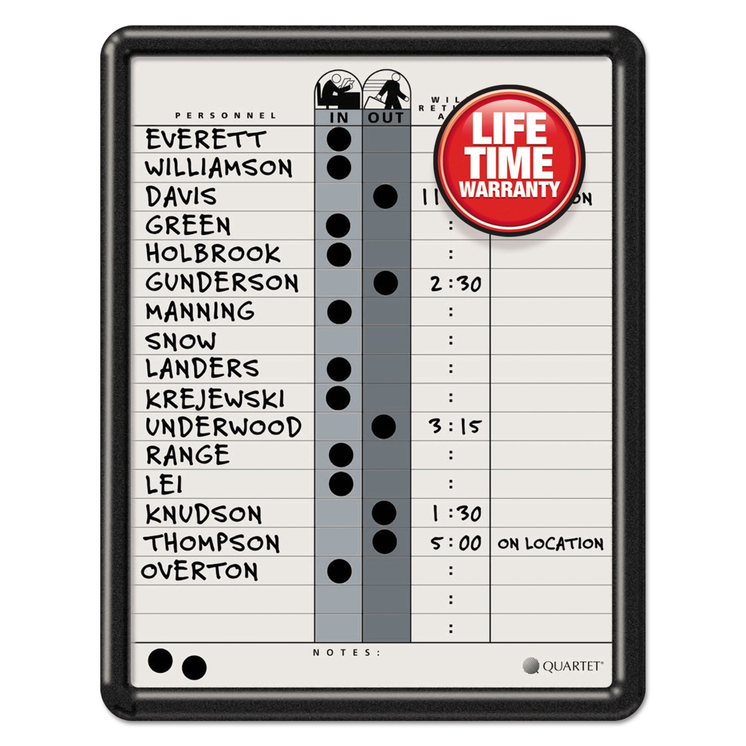 Employee In/Out Board, 11 x 14, Porcelain White/Gray Surface, Black Plastic Frame - 