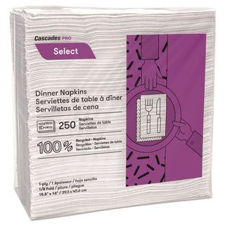 Select Dinner Napkins, 1-Ply, White, 15.5 x 16, 250/Pack, 12/Carton