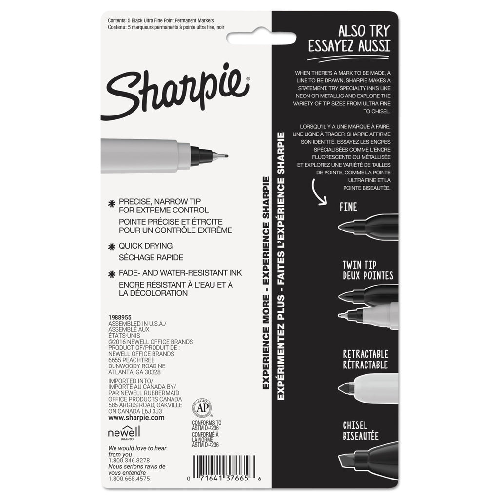 Ultra Fine Tip Permanent Marker, Ultra-Fine Needle Tip, Black, 5/Pack