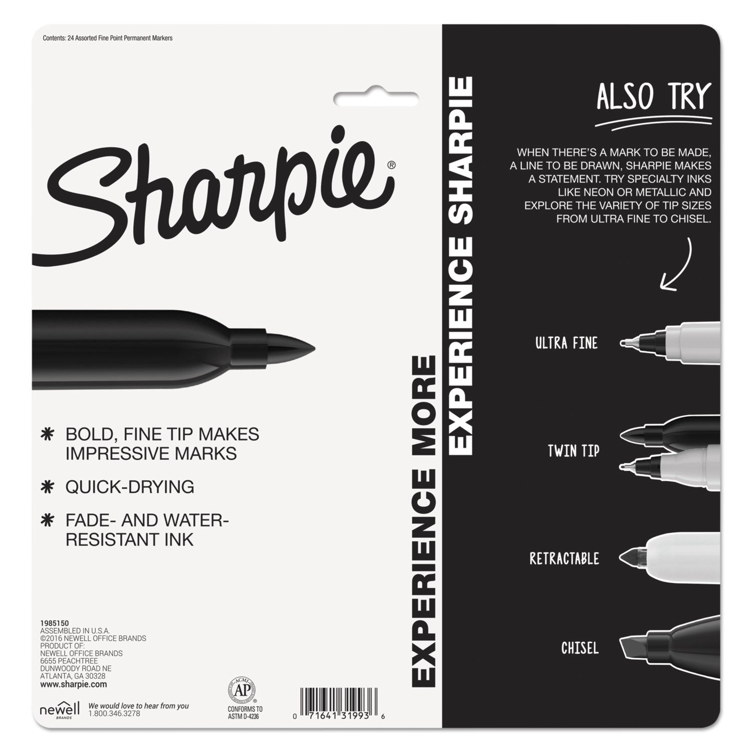 Fine Tip Permanent Marker, Fine Bullet Tip, Assorted Colors, 24/Pack