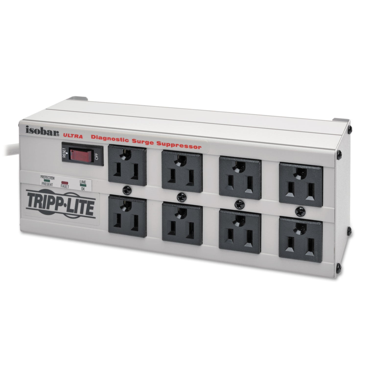 Isobar Surge Protector, 8 AC Outlets, 12 ft Cord, 3,840 J, Light Gray - 