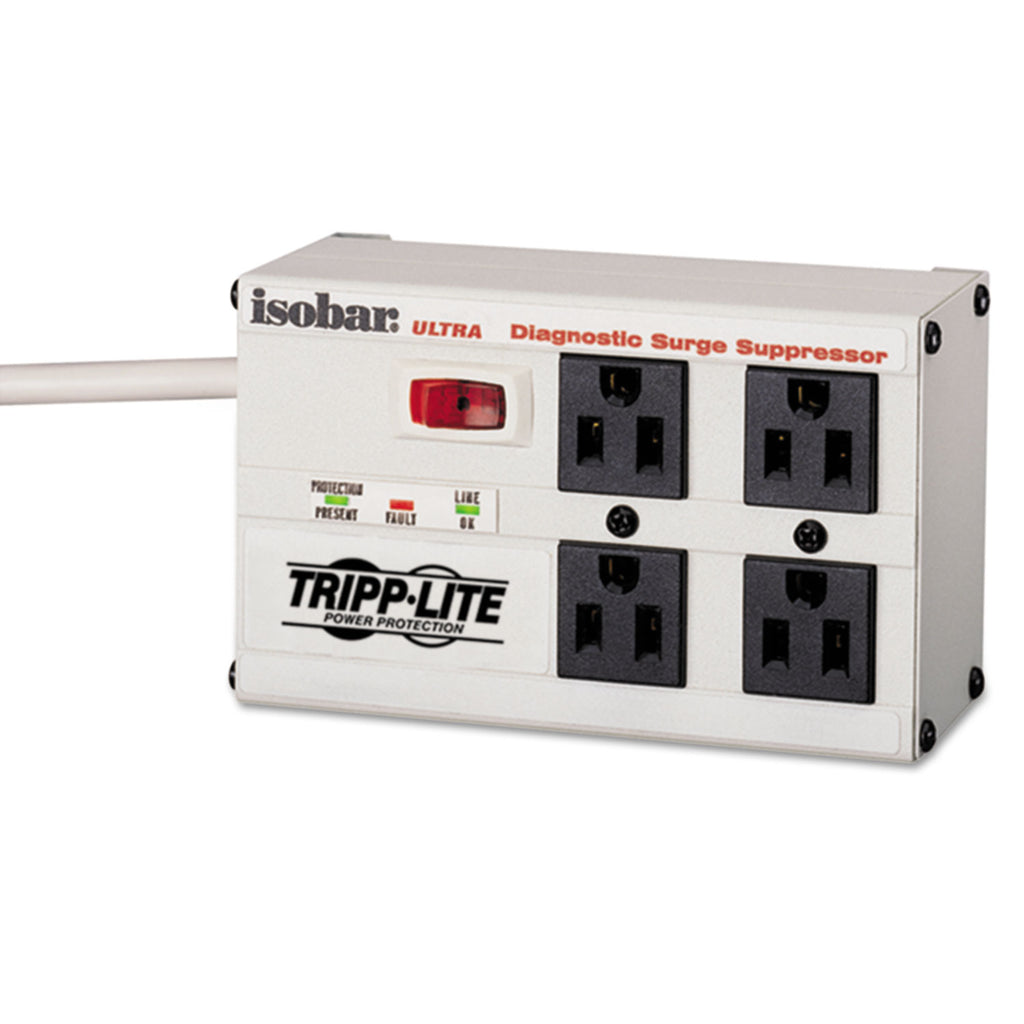 Isobar Surge Protector with Diagnostic LEDs, 4 AC Outlets, 6 ft Cord, 3,330 J, Light Gray - 