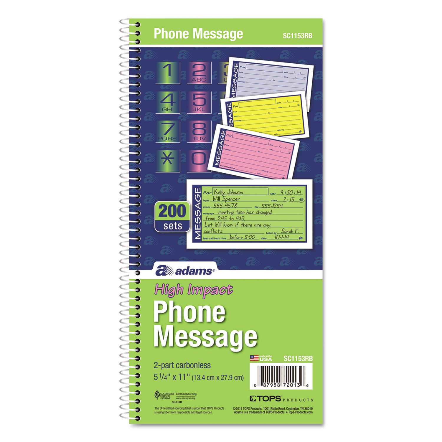 Wirebound Telephone Book with Multicolored Messages, Two-Part Carbonless, 4.75 x 2.75, 4 Forms/Sheet, 200 Forms Total - 