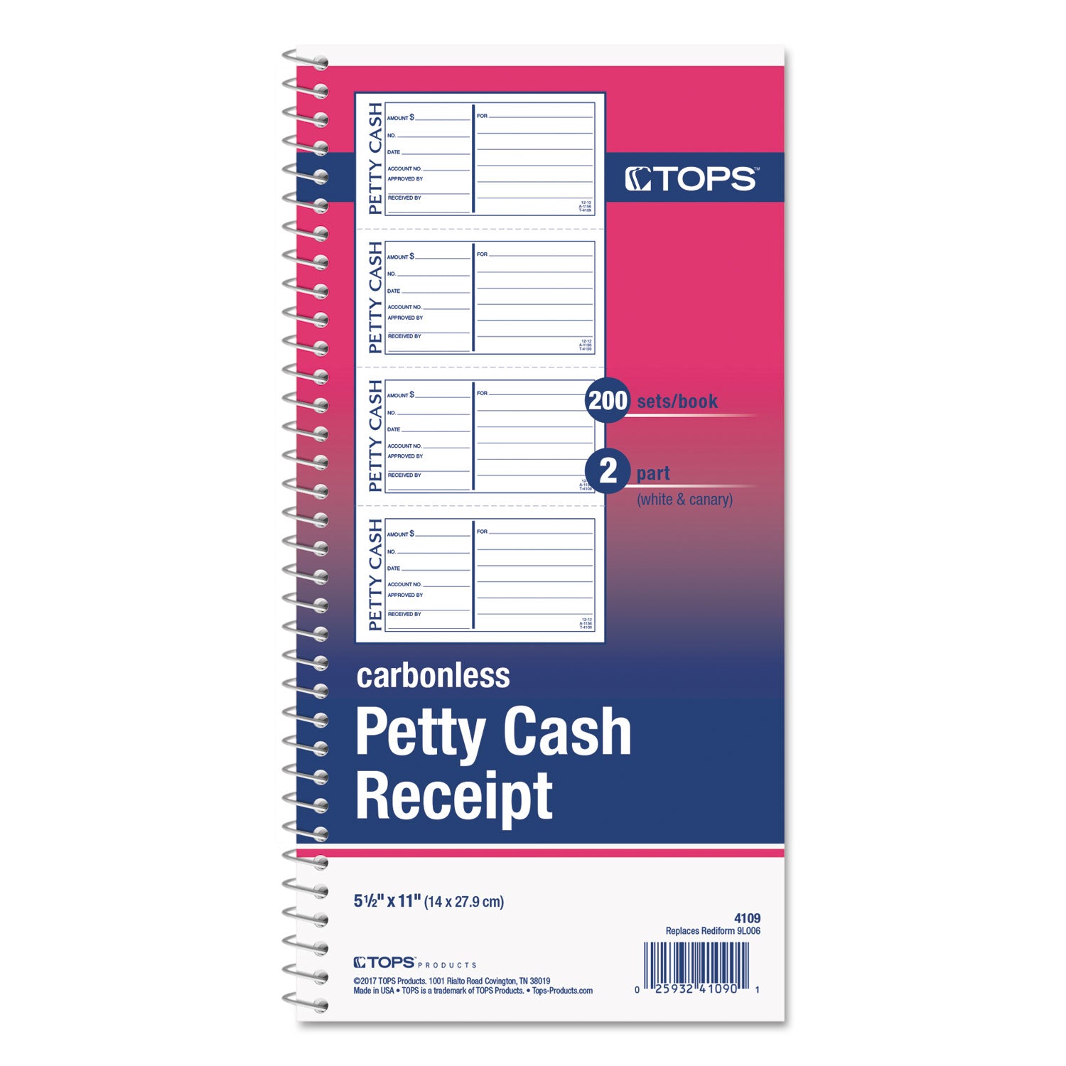 Petty Cash Receipt Book, Two-Part Carbonless, 5 x 2.75, 4 Forms/Sheet, 200 Forms Total - 