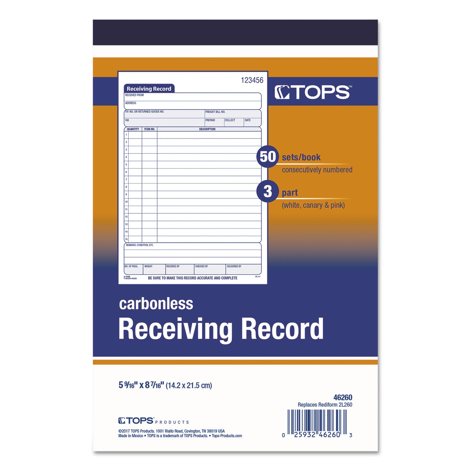 Receiving Record Book, Three-Part Carbonless, 5.56 x 7.94, 50 Forms Total - 