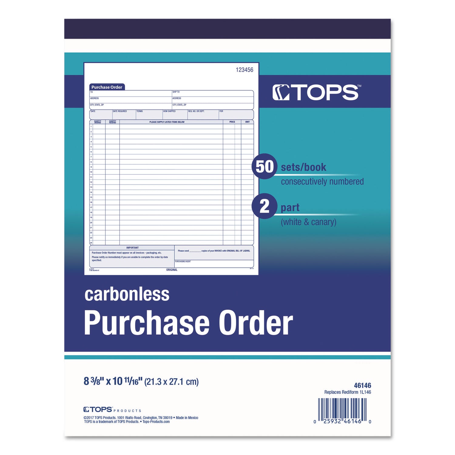 Purchase Order Book, 22 Lines, Two-Part Carbonless, 8.38 x 10.19, 50 Forms Total - 