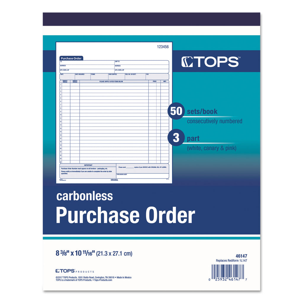 Purchase Order Book, 22 Lines, Three-Part Carbonless, 8.38 x 10.19, 50 Forms Total - 