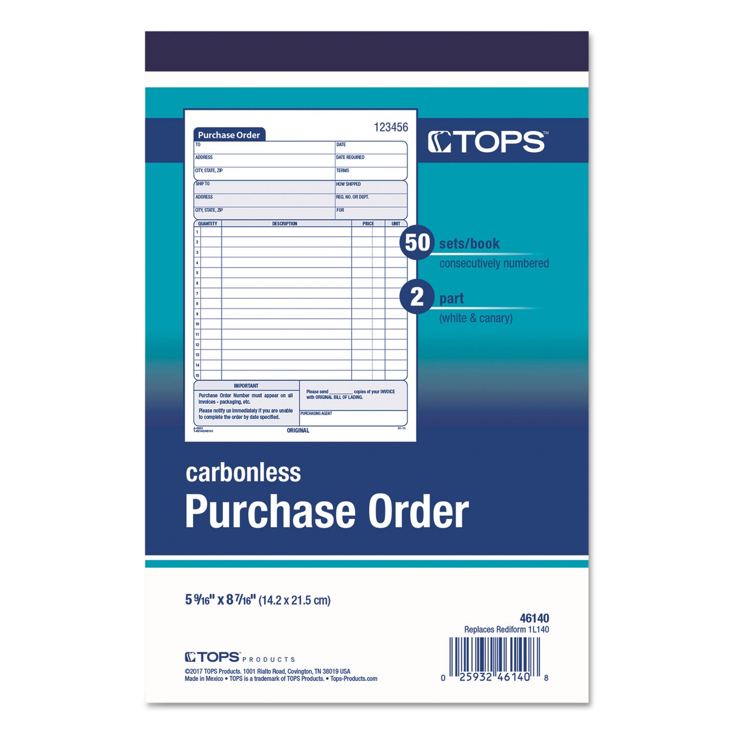 Purchase Order Book, 12 Lines, Two-Part Carbonless, 5.56 x 8.44, 50 Forms Total - 