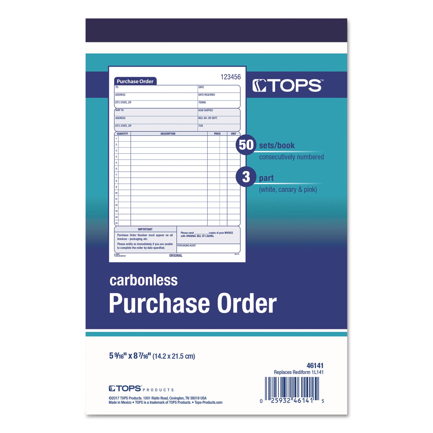 Purchase Order Book, 15 Lines, Three-Part Carbonless, 5.56 x 8.44, 50 Forms Total - 