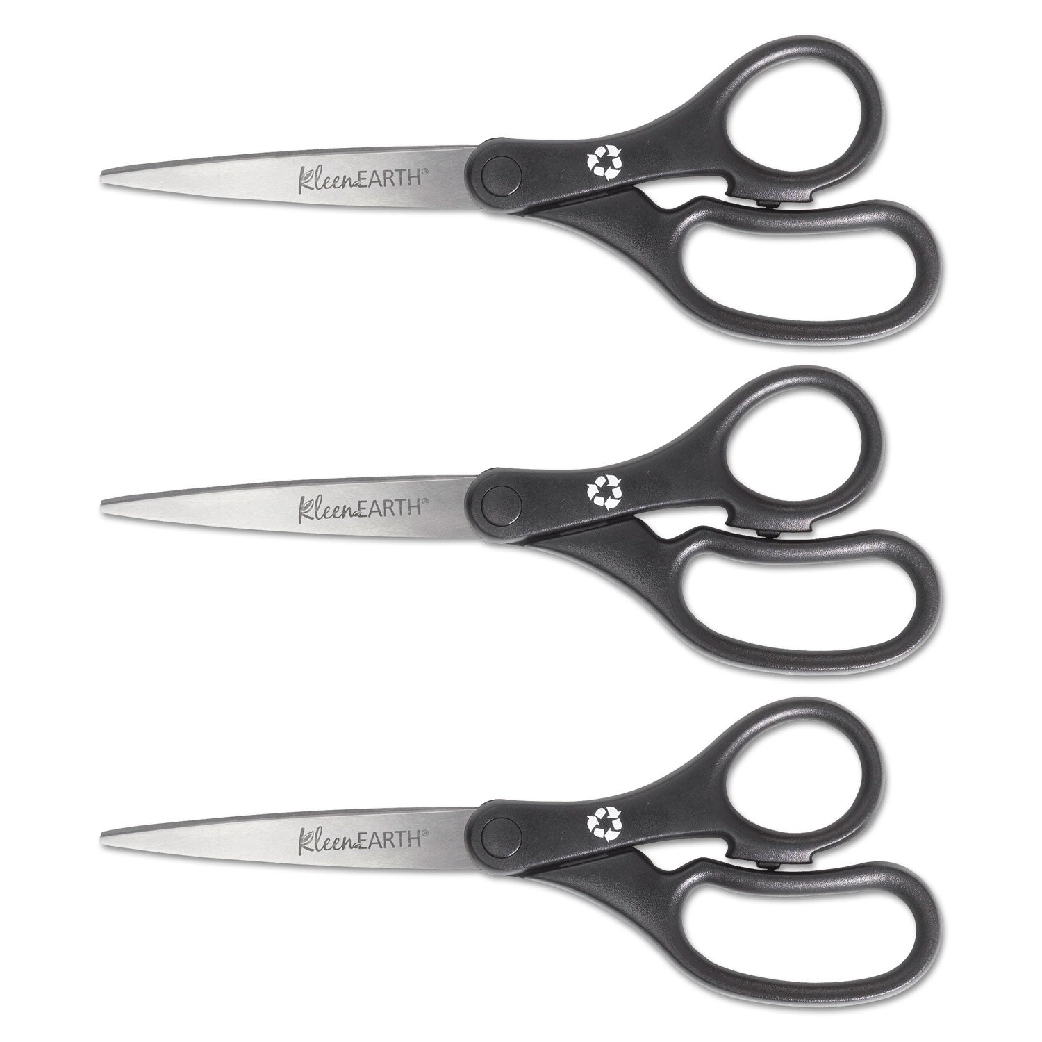 KleenEarth Basic Plastic Handle Scissors, 8" Long, 3.25" Cut Length, Black Straight Handles, 3/Pack - 