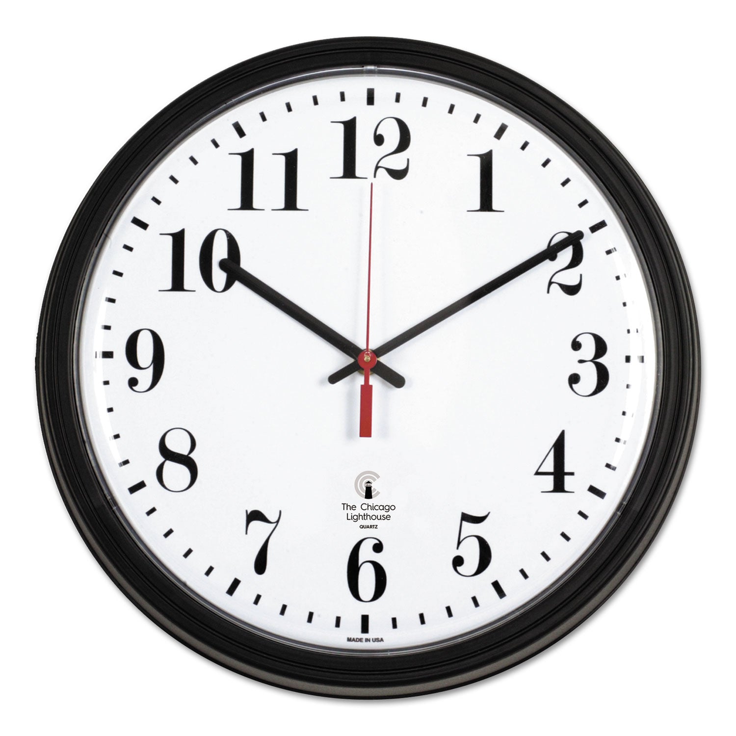 Black Quartz CONTRACT Clock, 13.75" Overall Diameter, Black Case, 1 AA (sold separately) - 