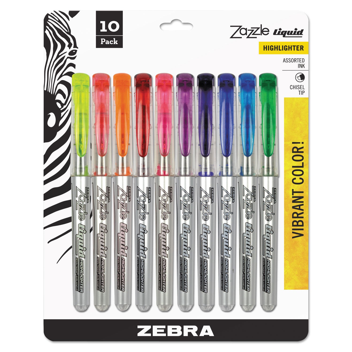 Zazzle Liquid Ink Highlighter, Assorted Ink Colors, Chisel Tip, Assorted Barrel Colors, 10/Set - 