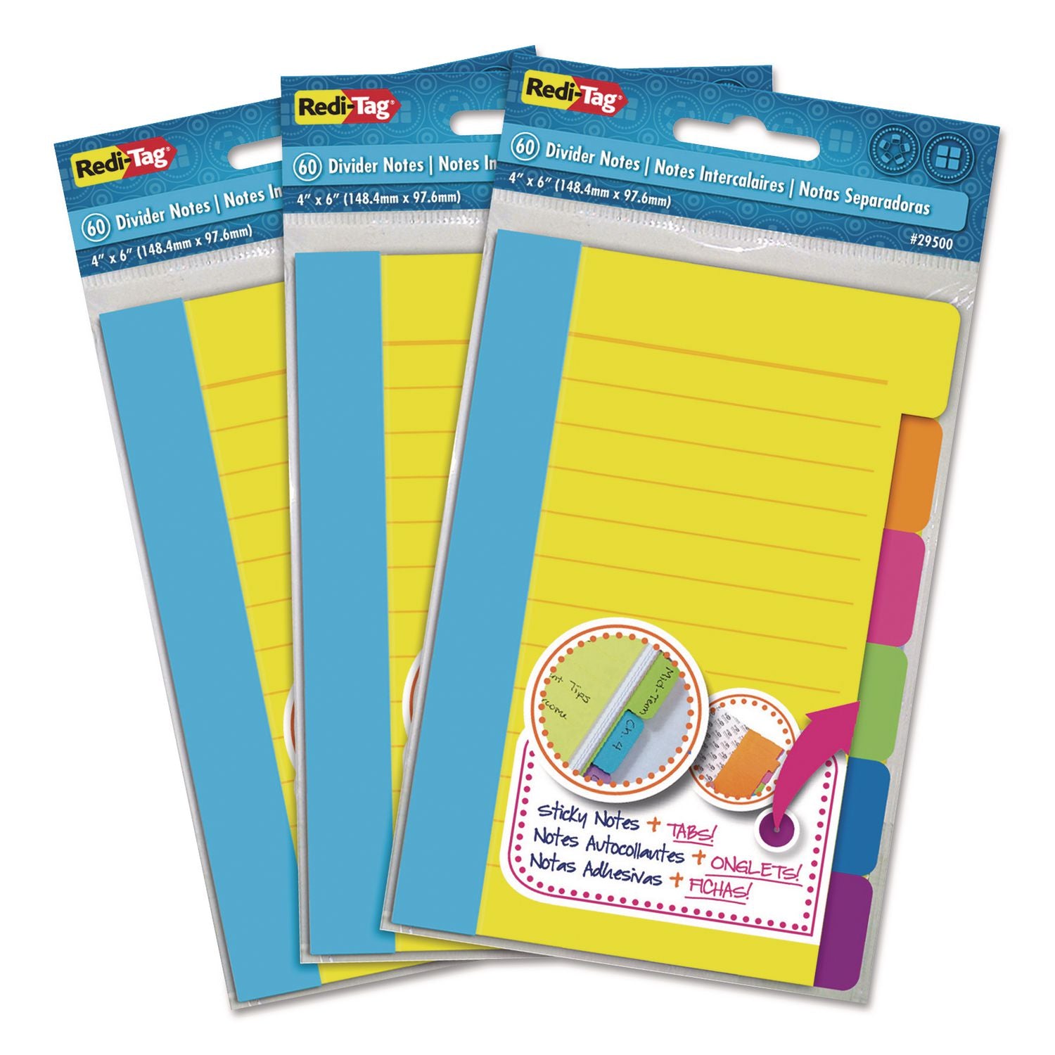 Divider Sticky Notes, 6-Tab Sets, Note Ruled, 4" x 6", Assorted Colors, 60 Sheets/Set, 3 Sets/Box