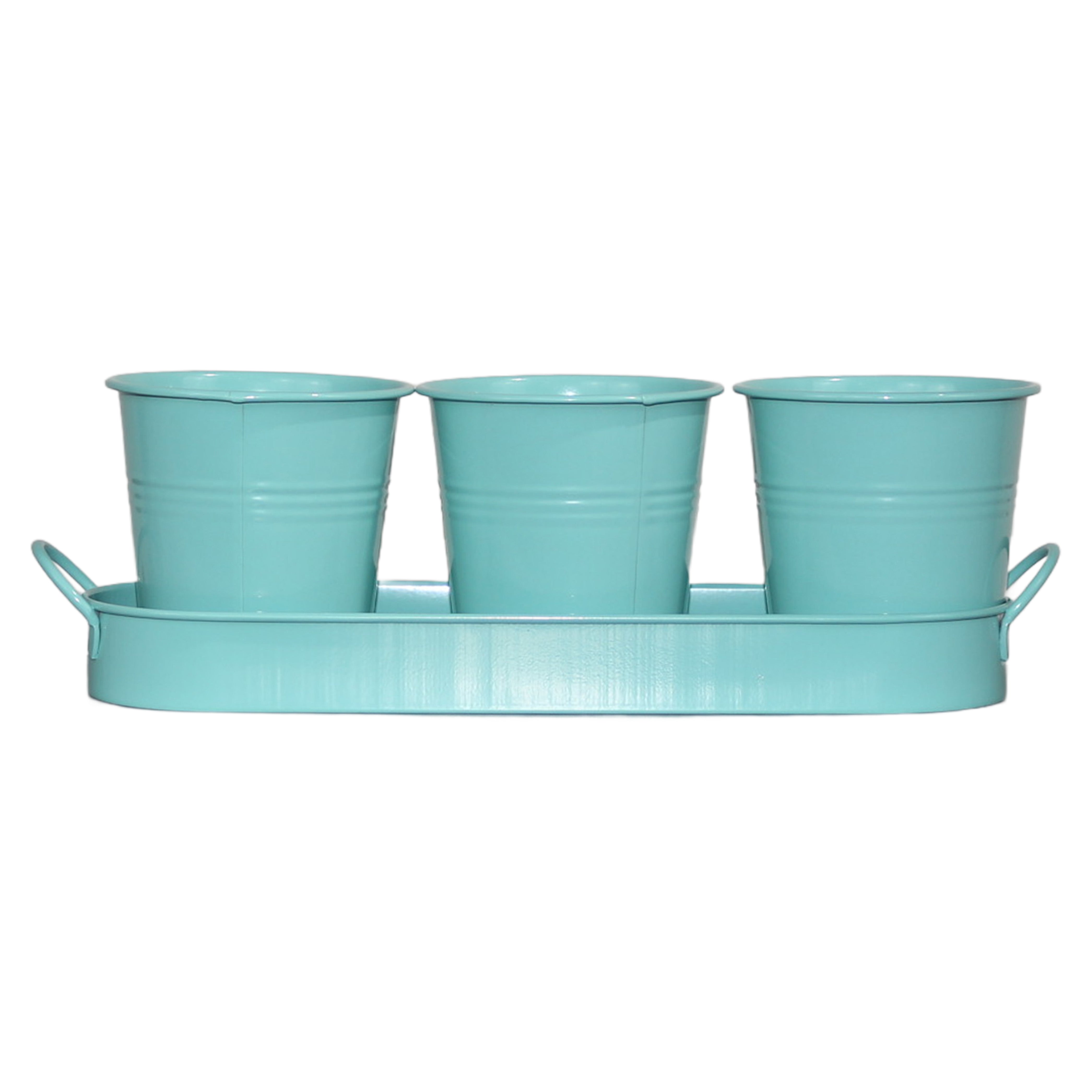 Set of 3 Tiffany Blue Metal Garden Planters with Tray