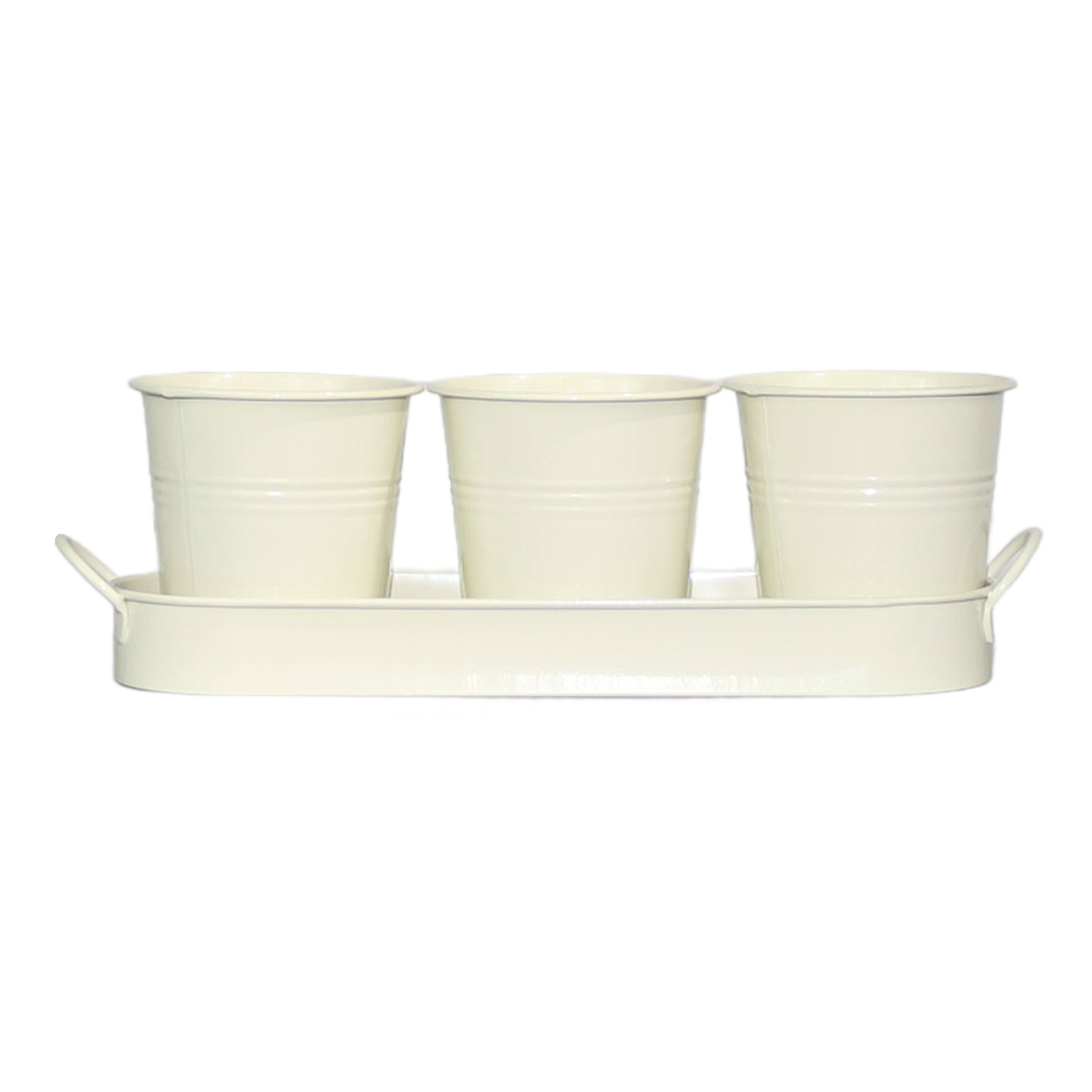 Set of 3 Beige Metal Garden Planters with Tray