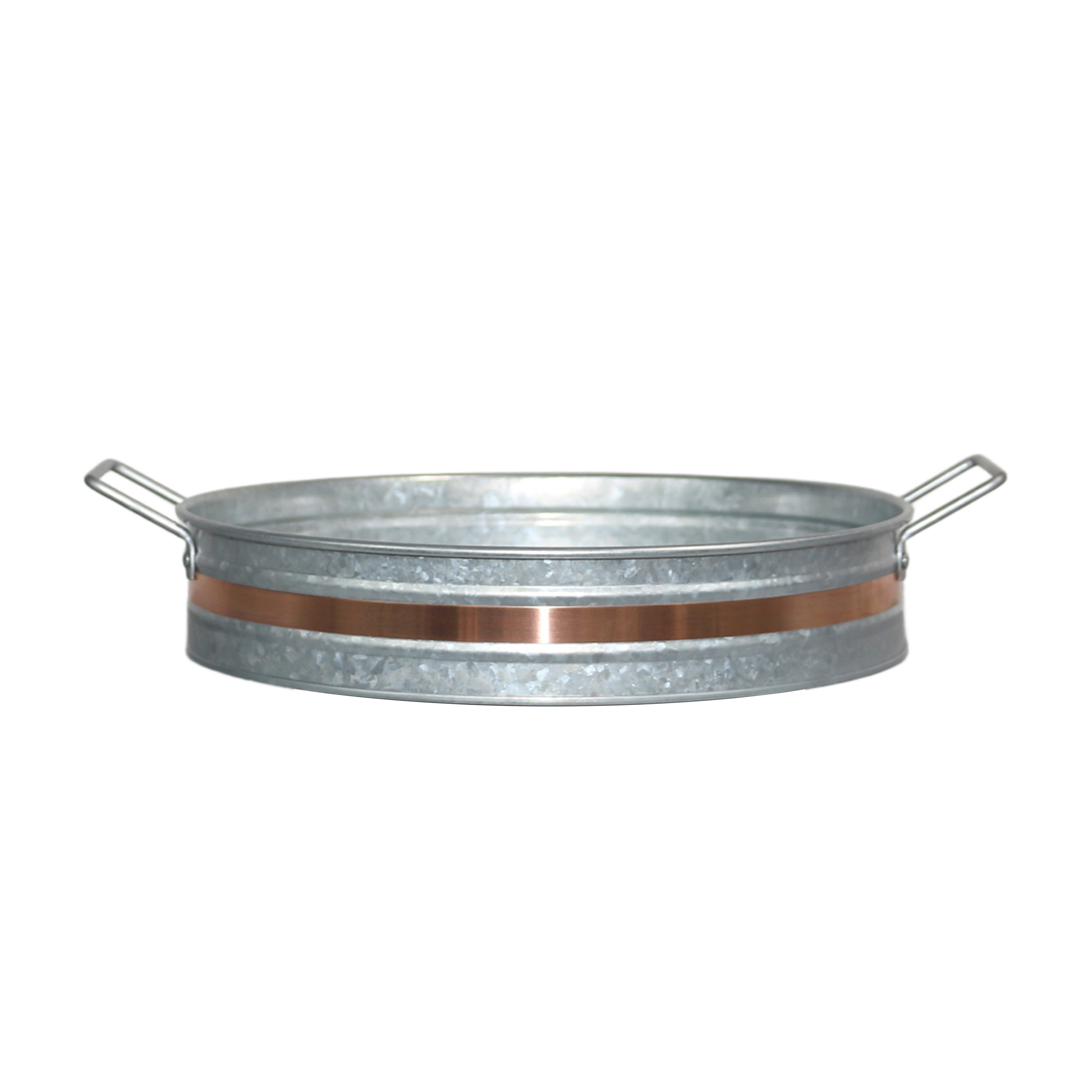 12 in Round Galvanized Metal Serving Tray with Golden Welt and Handle