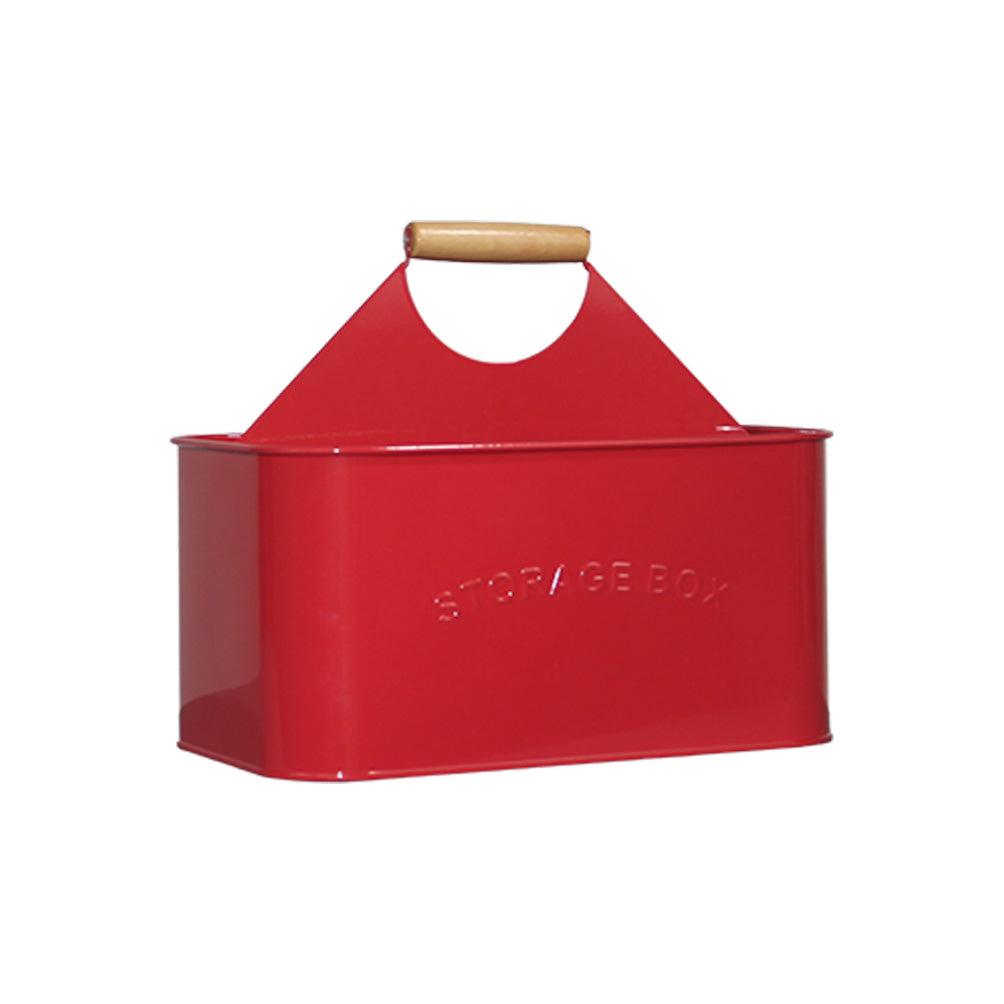 Red Galvanized Metal Utensil Caddy with Wooden Handle