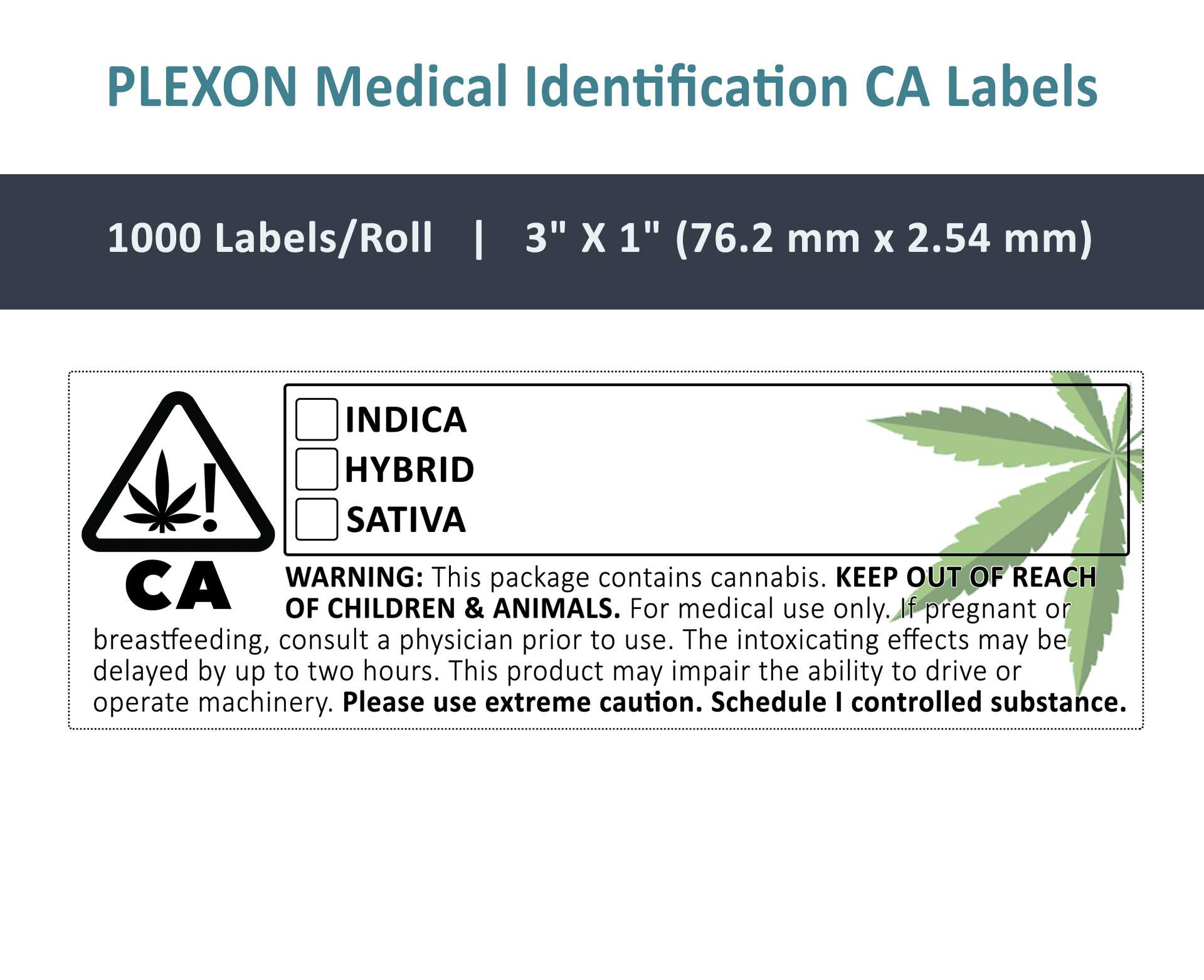 PLEXON CA Identification Labels 3in x 1in (76 mm x 25.4 mm) Self-Adhesive California State-Compliant Stickers 1000 Labels per Roll - 2