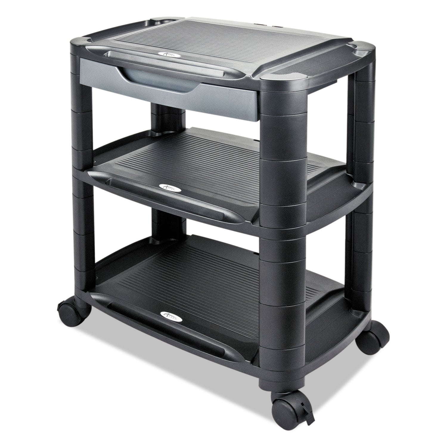 3-in-1-cart-stand-plastic-3-shelves-1-drawer-100-lb-capacity-2163-x-1375-x-2475-black-gray_aleu3n1bl - 3