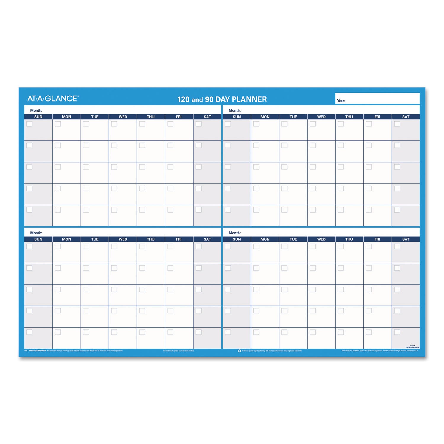 90/120-Day Undated Horizontal Erasable Wall Planner, 36 x 24, White/Blue Sheets, Undated - 