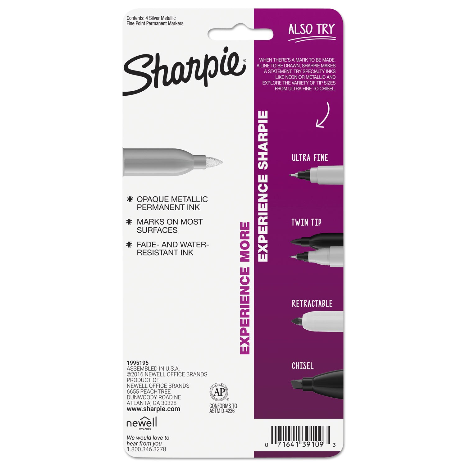 Metallic Fine Point Permanent Markers, Fine Bullet Tip, Metallic Silver, 4/Pack