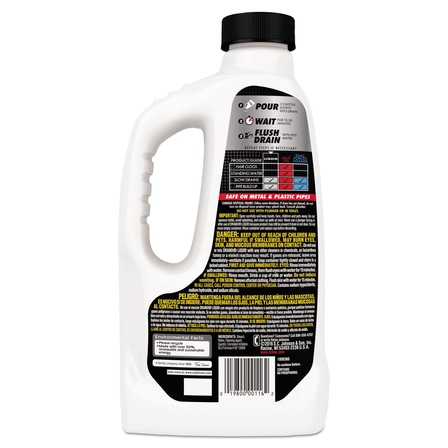 Liquid Drain Cleaner, 32 oz Safety Cap Bottle, 12/Carton