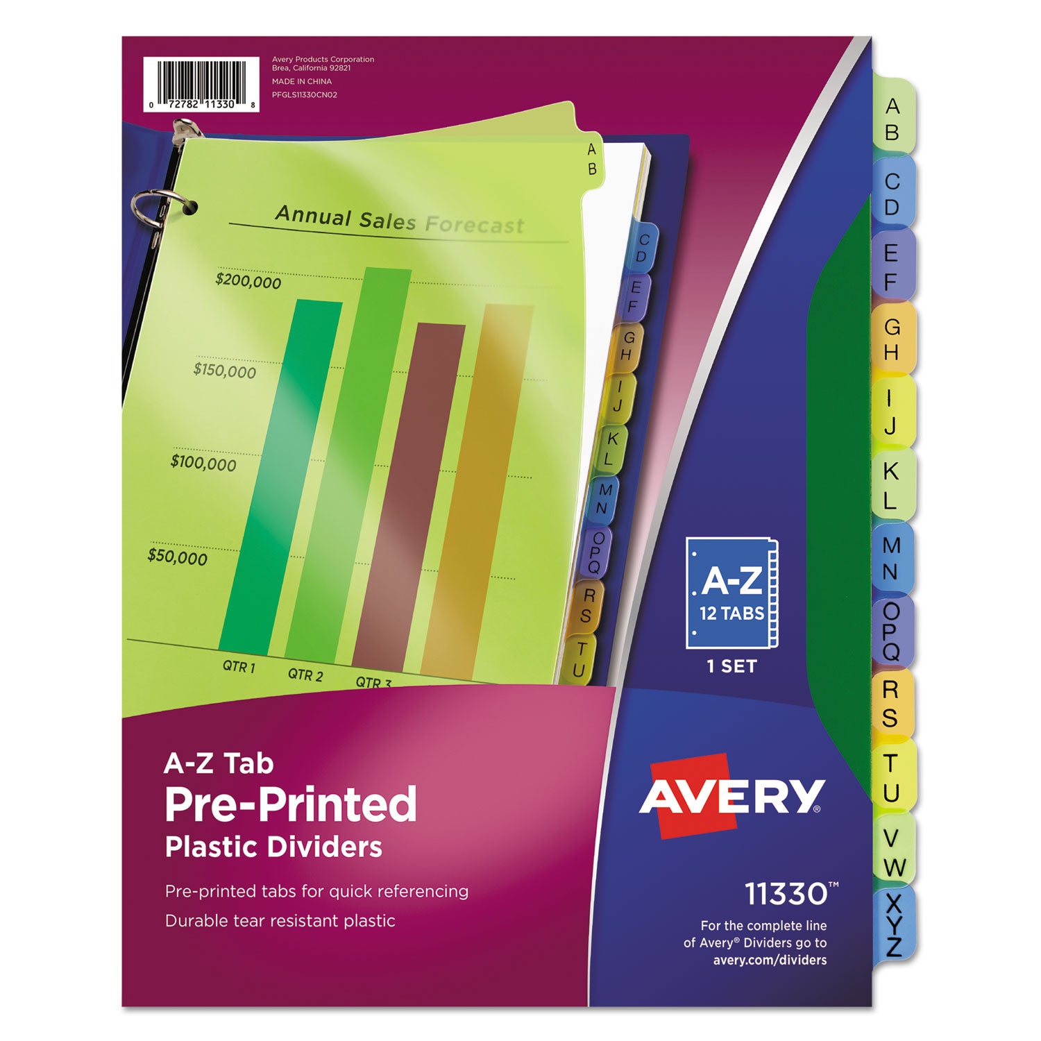 Durable Preprinted Plastic Tab Dividers, 12-Tab, A to Z, 11 x 8.5, Assorted, 1 Set - 